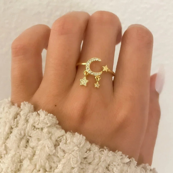 925 Sterling Silver Dangle Moon & Star Ring Gold Ring Dainty Gold Ring - Picture 3 of 7